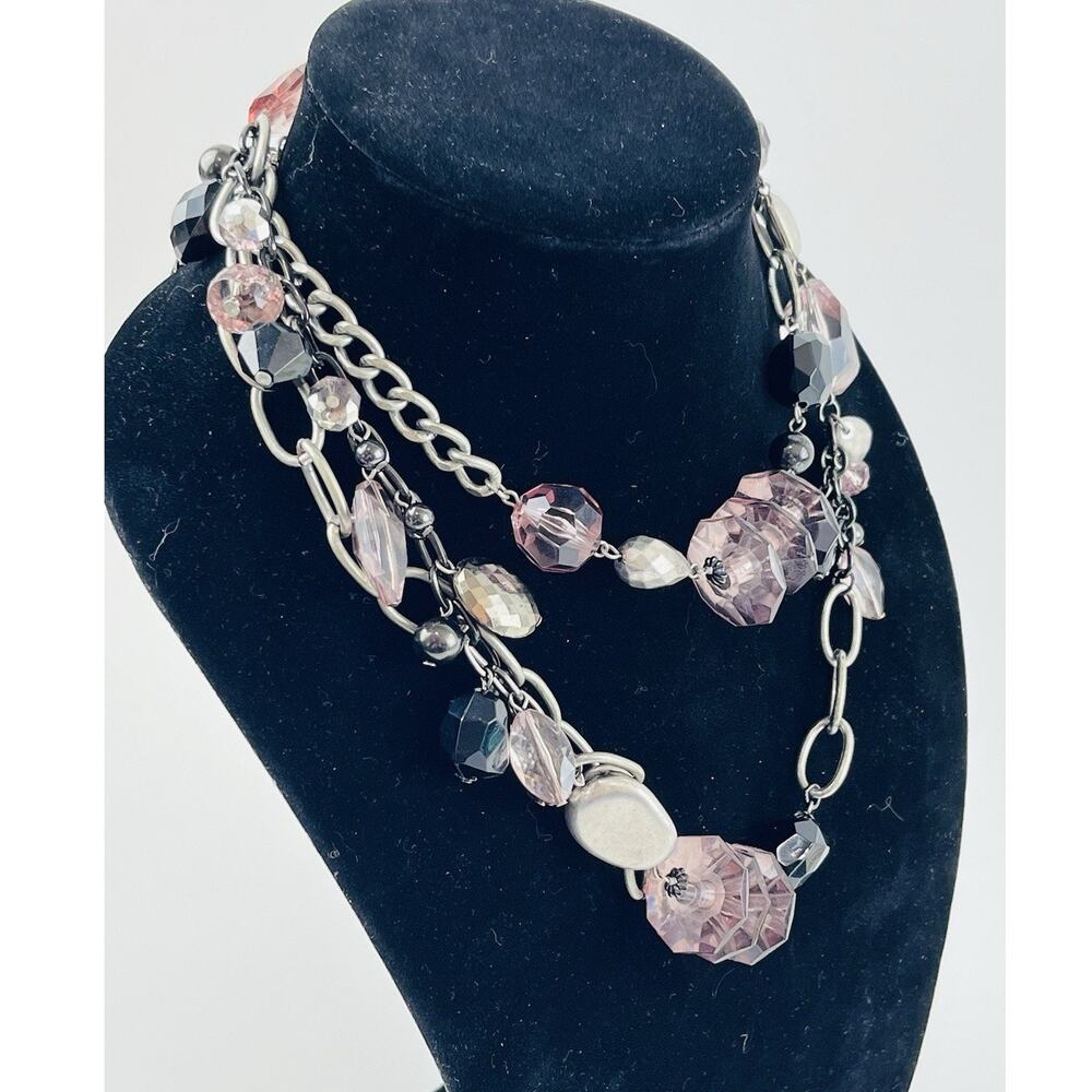 Chico’s Chunky Statement Necklace Purple Silver Clear Beads Large Long Opera Fla